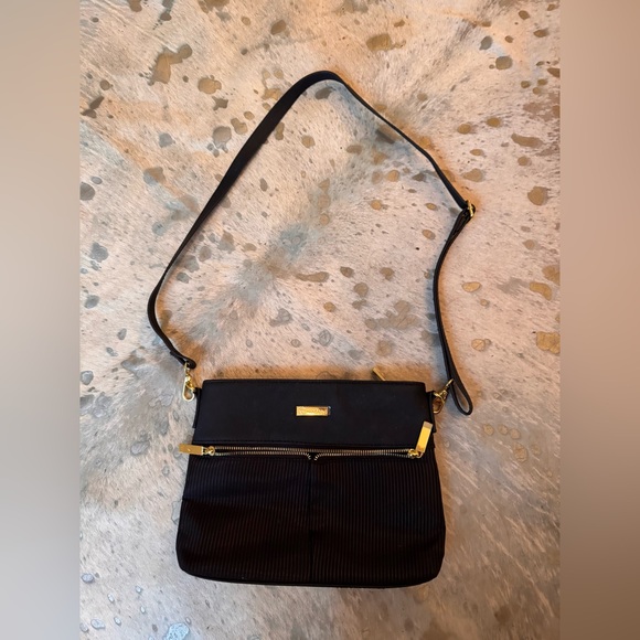 Joy Magano Tuxedo Stripe Black Crossbody Purse Gold Zip - Picture 2 of 4